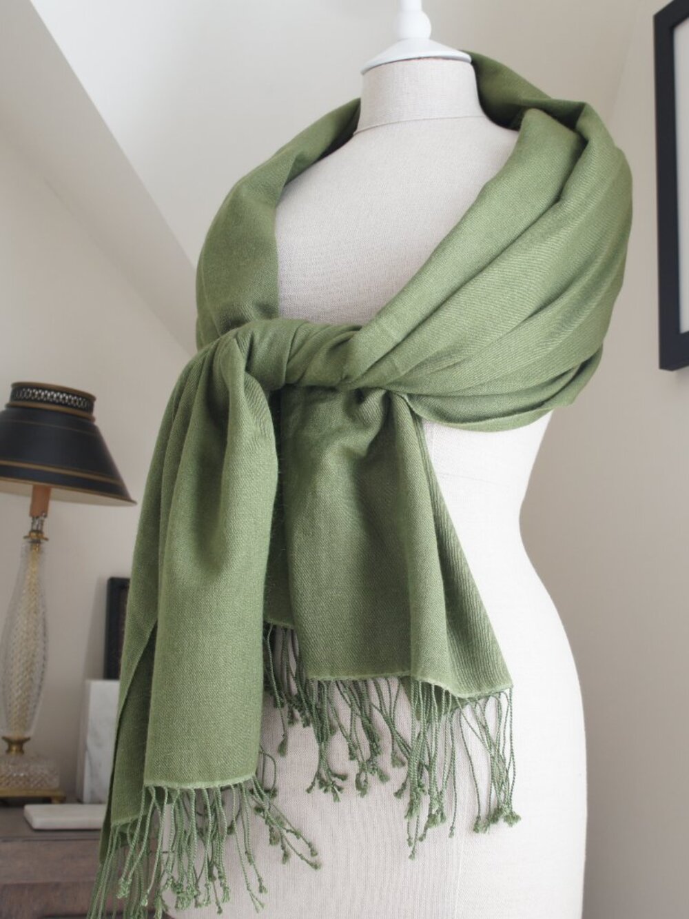 Large Vintage Olive Green Pashmina & Silk Scarf Shawl - Picture 15 of 15
